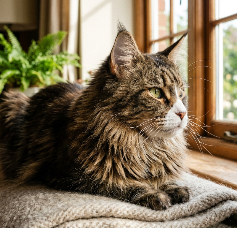 A Siamese cat sitting by a window with natural light showing the thin fur between its eyes and ears.