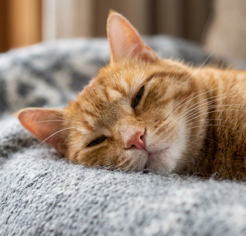 A grey tabby cat resting on a soft blue blanket looking calmly at the camera.