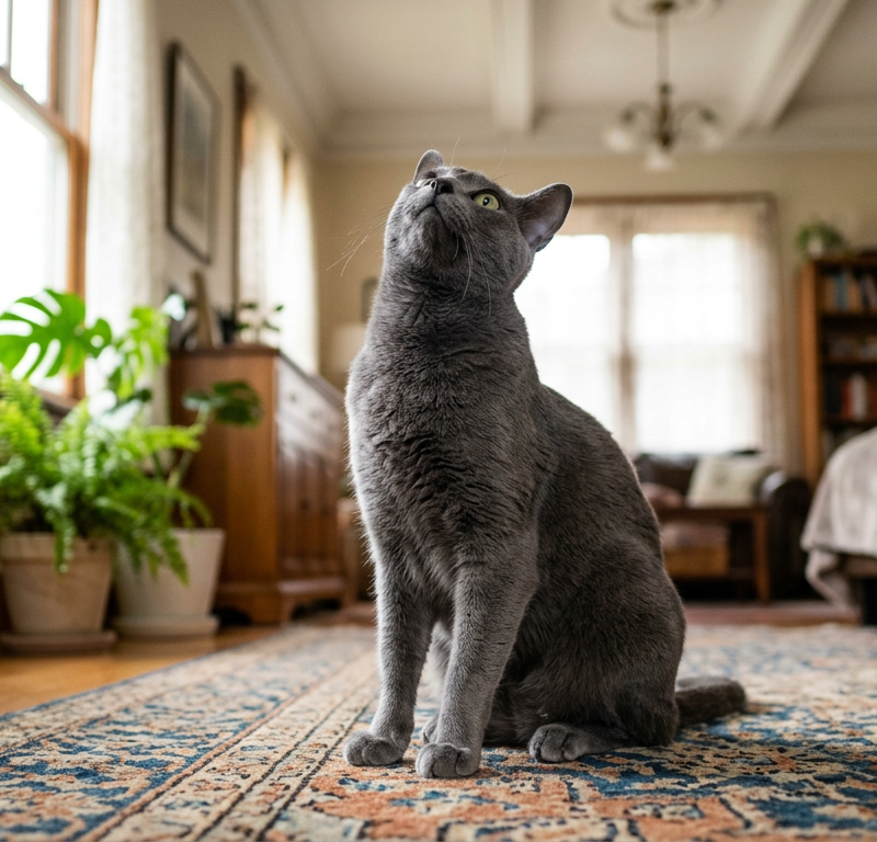 A sleek Siamese cat sitting on a rug and looking up at a white ceiling with curiosity.