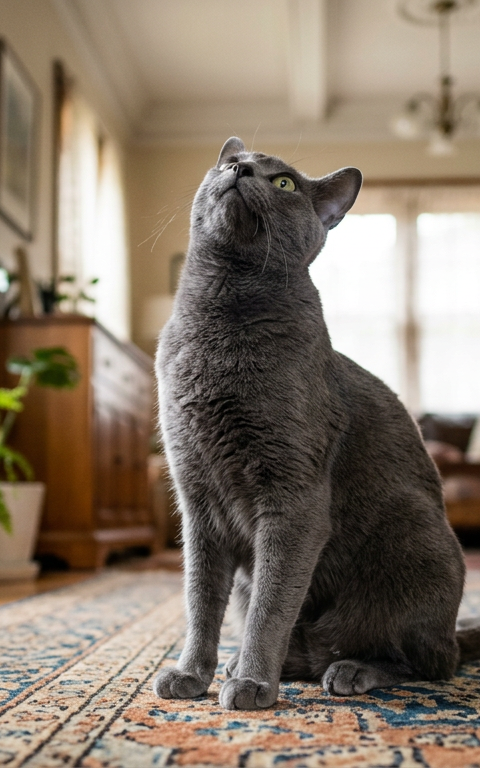A sleek Siamese cat sitting on a rug and looking up at a white ceiling with curiosity.
