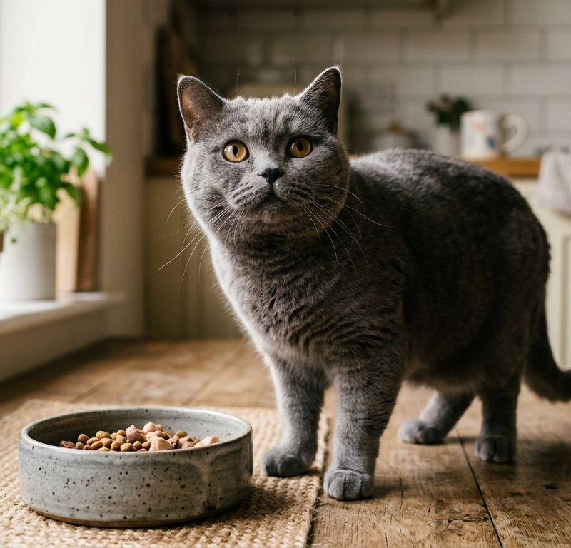 A grey British Shorthair cat looking confused at a half-full ceramic food bowl on a wooden floor.