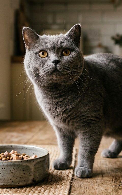 A grey British Shorthair cat looking confused at a half-full ceramic food bowl on a wooden floor.