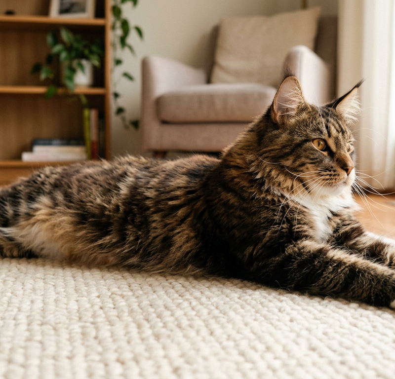 Short-haired domestic cat stretching gently on a soft rug in a sunlit living room.