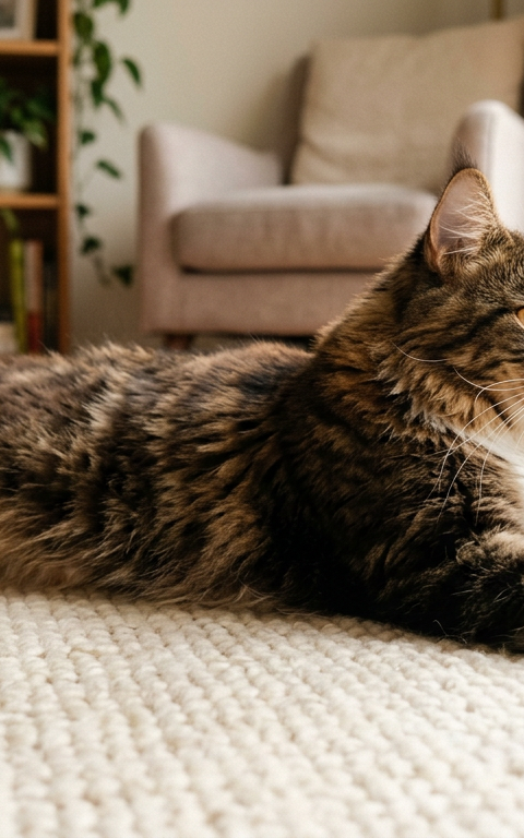 Short-haired domestic cat stretching gently on a soft rug in a sunlit living room.