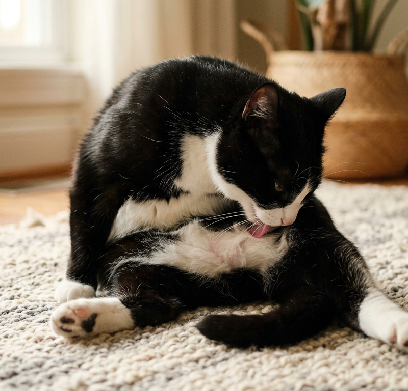 A ginger tabby cat sitting on a rug and licking its belly area intently.