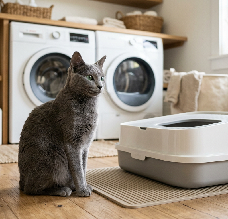 A concerned calico cat sitting near a clean litter box in a bright laundry room.
