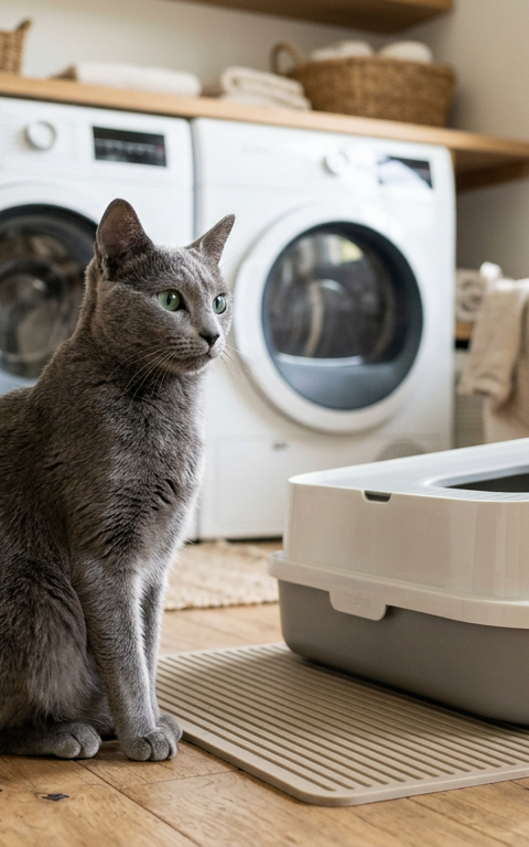 A concerned calico cat sitting near a clean litter box in a bright laundry room.