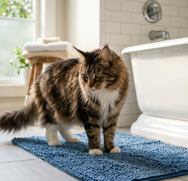 A fluffy Maine Coon cat looking curiously at a blue bath mat in a brightly lit modern bathroom.