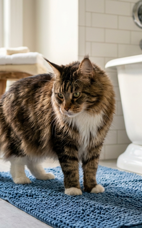 A fluffy Maine Coon cat looking curiously at a blue bath mat in a brightly lit modern bathroom.