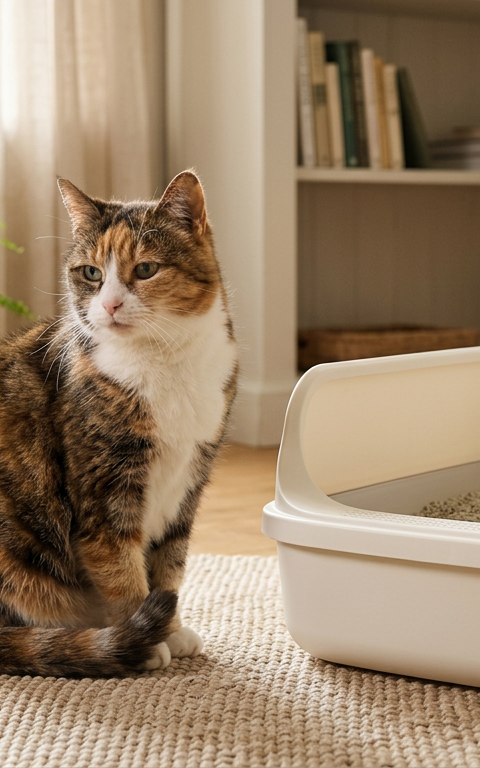 A senior cat sitting calmly next to a clean, open-top litter box in a quiet room.