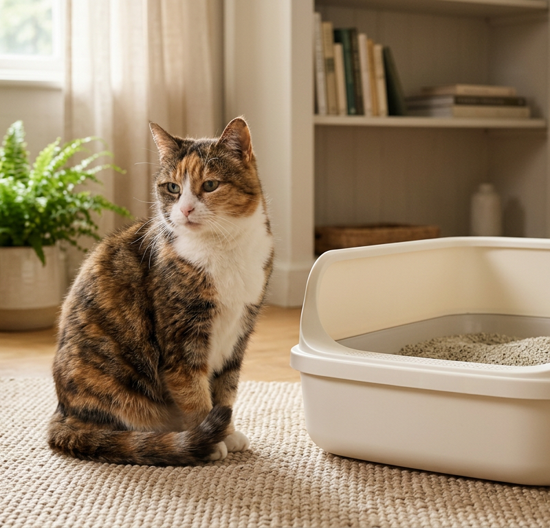 A senior cat sitting calmly next to a clean, open-top litter box in a quiet room.