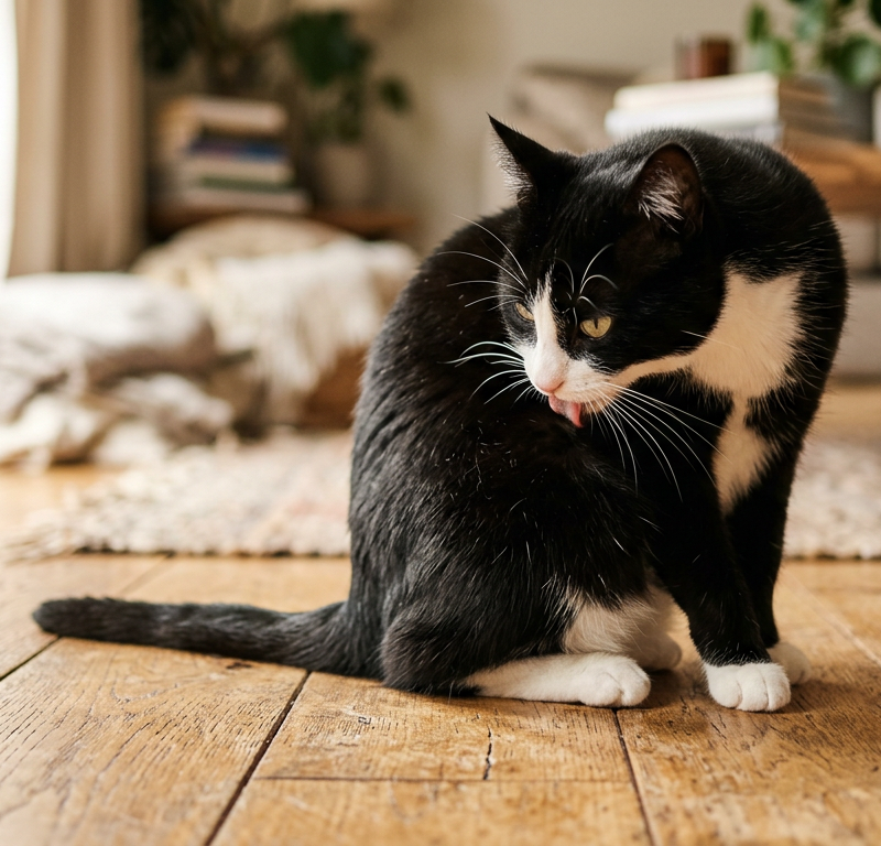 A grey cat sitting on a wooden floor licking its side intensely, showing slight thinning of the fur.