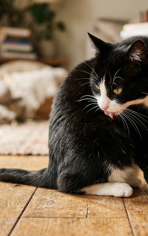 A grey cat sitting on a wooden floor licking its side intensely, showing slight thinning of the fur.