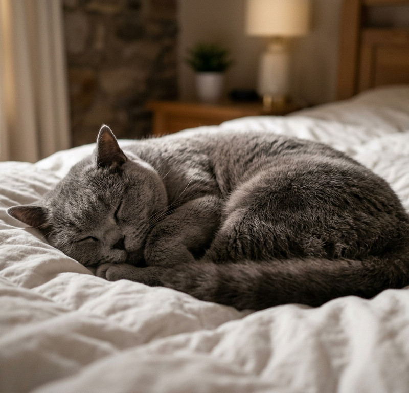 A fluffy Siamese cat purring contentedly while curled up on a white duvet under moonlight.