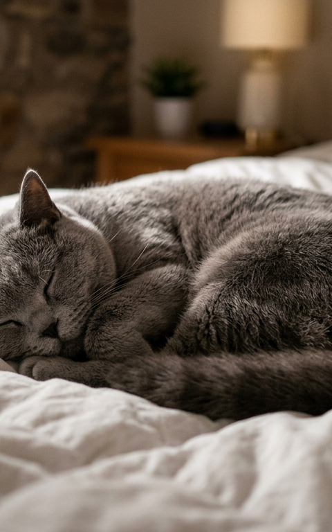 A fluffy Siamese cat purring contentedly while curled up on a white duvet under moonlight.