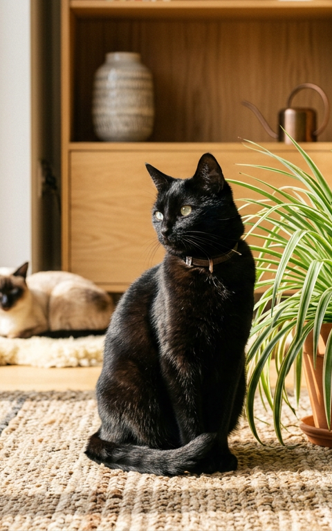 A bright modern living room featuring various non-toxic plants like spider plants and ferns on high shelves near a Siamese cat.