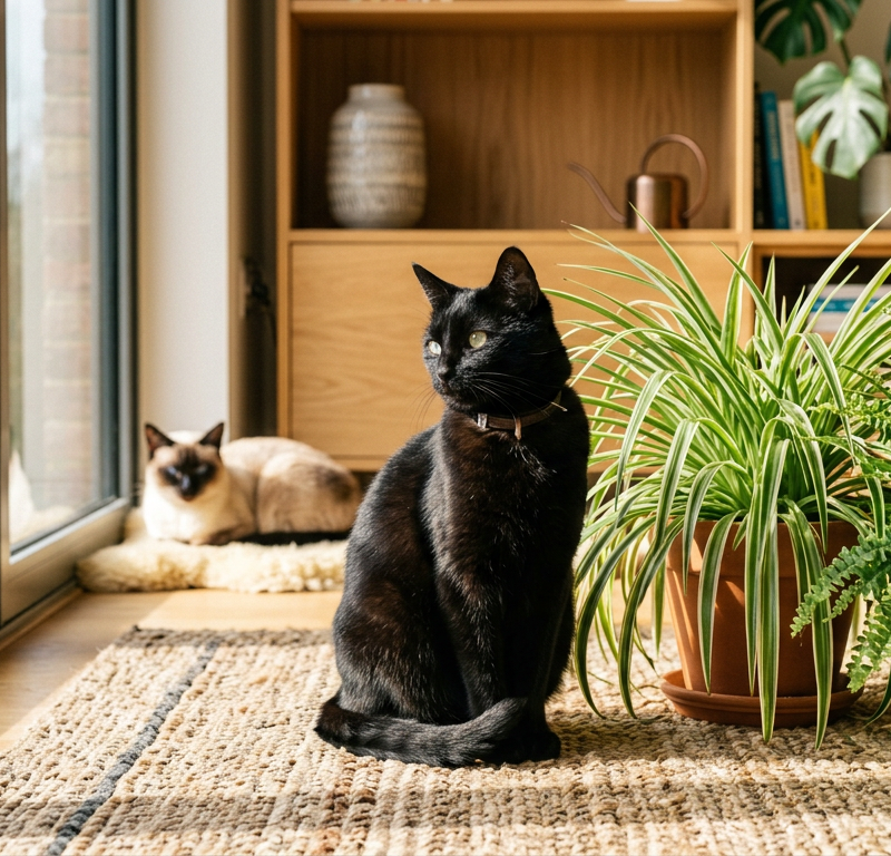 A bright modern living room featuring various non-toxic plants like spider plants and ferns on high shelves near a Siamese cat.
