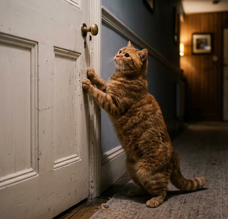 A frustrated ginger Tabby cat scratching at a closed white bedroom door in a dark hallway.
