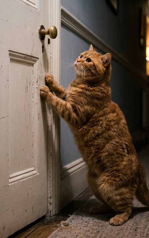 A frustrated ginger Tabby cat scratching at a closed white bedroom door in a dark hallway.