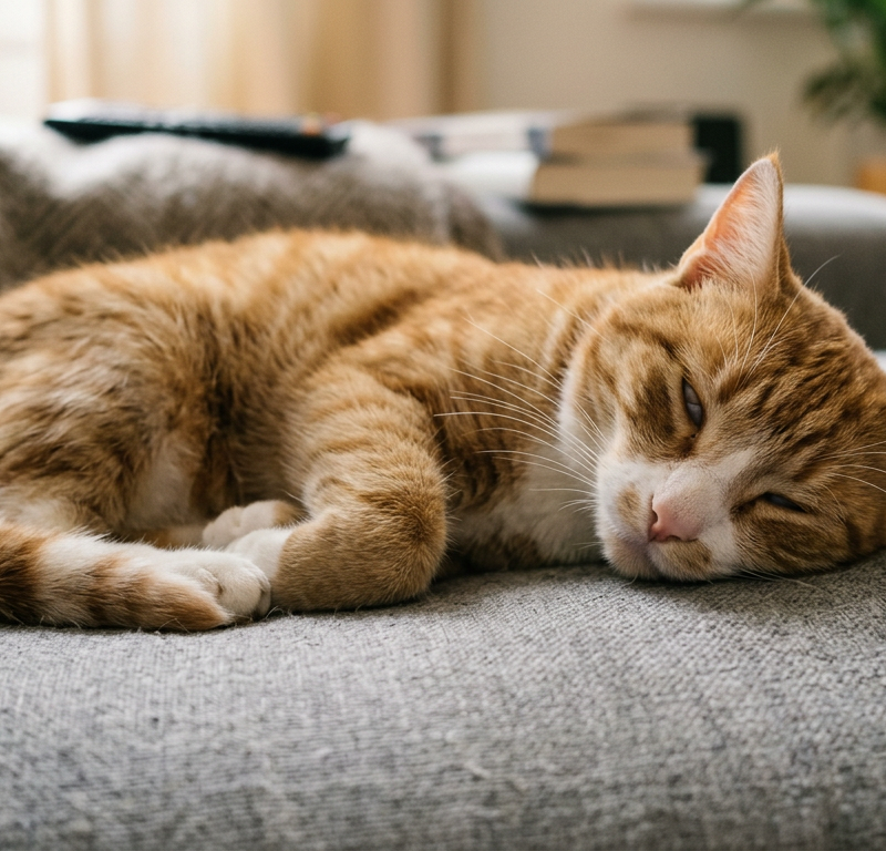 A ginger tabby cat napping on a sofa with its eyes slightly open showing the third eyelid.