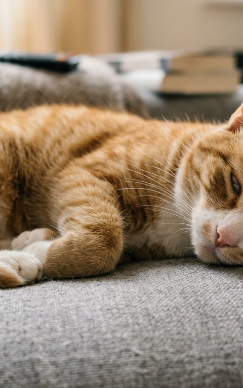 A ginger tabby cat napping on a sofa with its eyes slightly open showing the third eyelid.