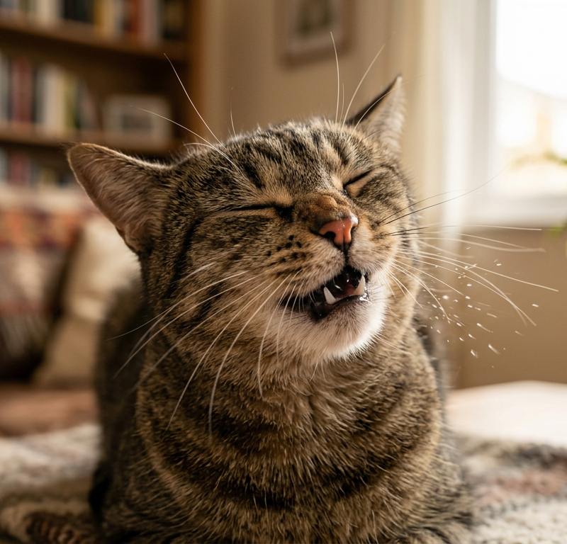 A fluffy ginger cat mid-sneeze with its eyes closed on a soft grey sofa.
