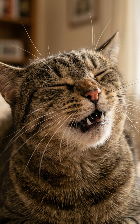 A fluffy ginger cat mid-sneeze with its eyes closed on a soft grey sofa.