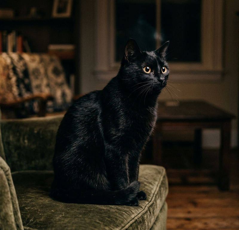 A sleek Siamese cat sitting on the floor staring intently into a shadowed room corner at night.