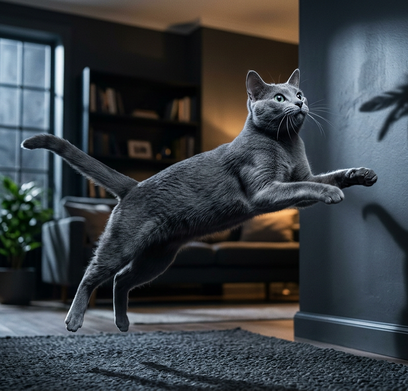 An energetic domestic shorthair cat leaping through the air in a dimly lit living room at night.