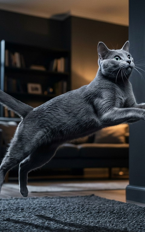 An energetic domestic shorthair cat leaping through the air in a dimly lit living room at night.