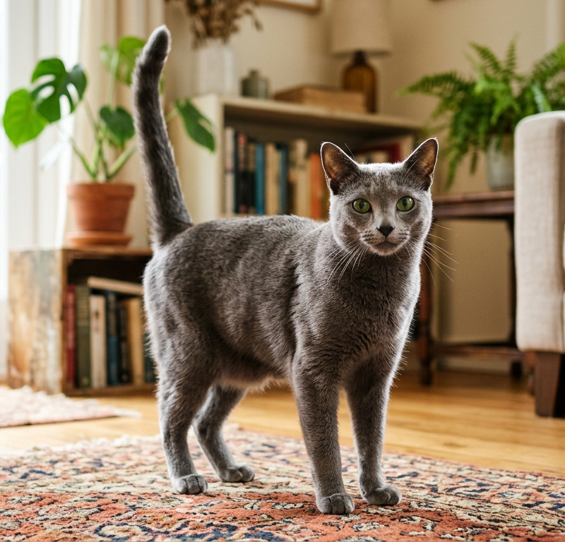 A sleek Russian Blue cat standing tall with its tail held high in a friendly greeting.