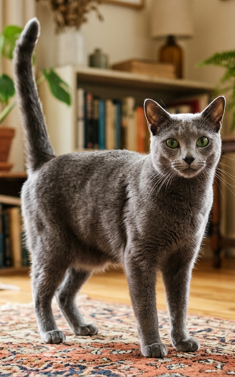 A sleek Russian Blue cat standing tall with its tail held high in a friendly greeting.