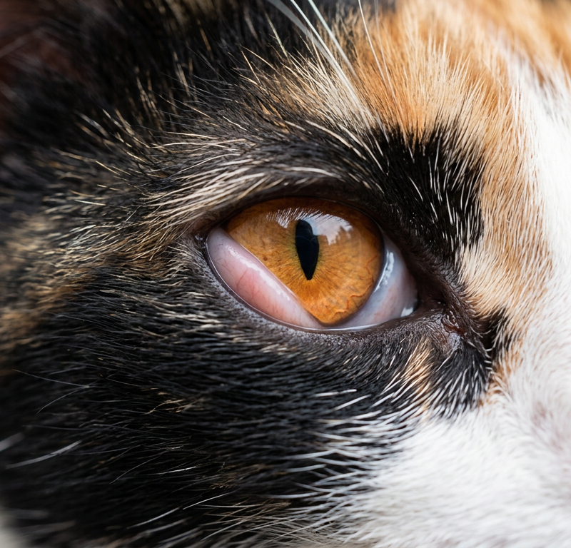 Close up of a domestic shorthair cat with a visible white nictitating membrane in the corner of its eye.