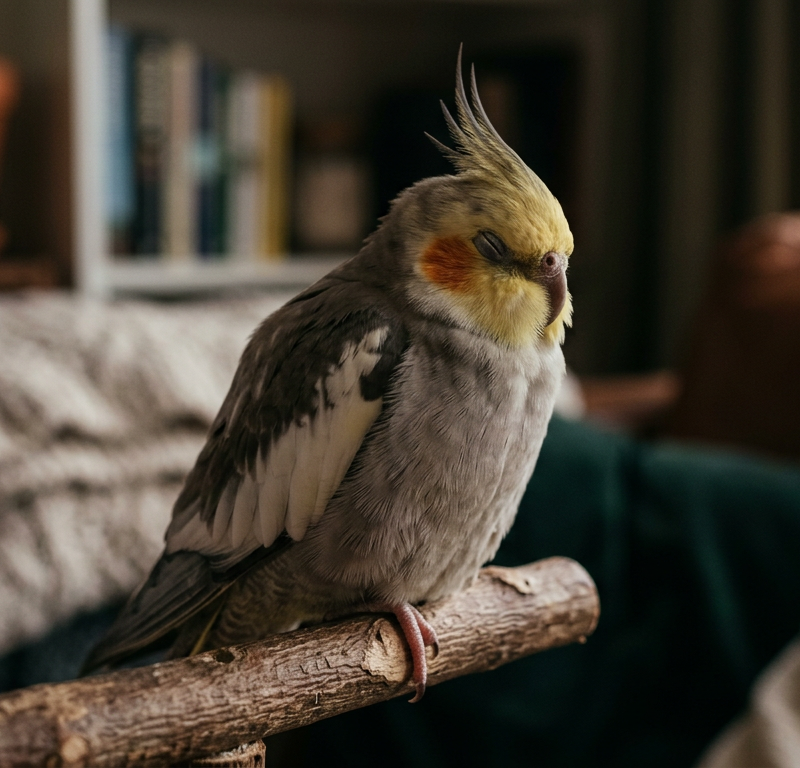 A peaceful grey and yellow cockatiel perched on a natural wood branch with its eyes closed, looking relaxed.