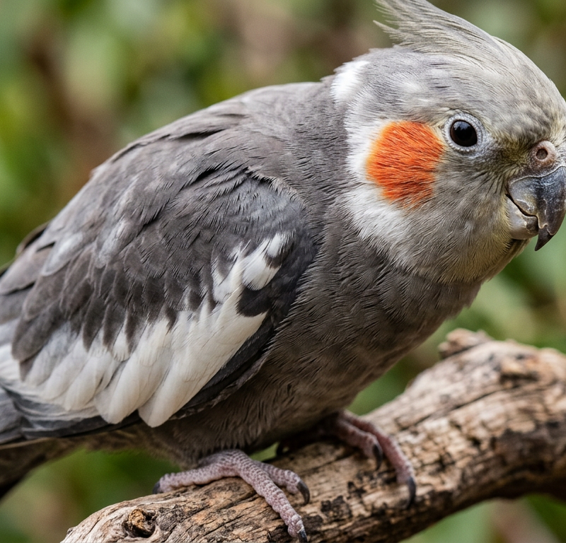 A closeup of a grey and orange cockatiel perched on a wooden branch with one eye partially squinting.