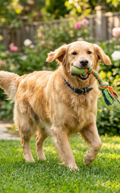 A happy Golden Retriever carrying a blue tennis ball in its mouth while walking in a park.