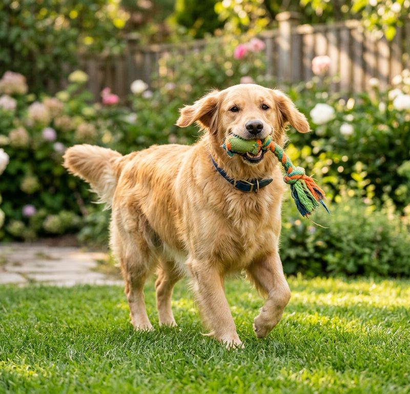 A happy Golden Retriever carrying a blue tennis ball in its mouth while walking in a park.