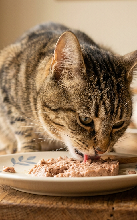 A wide, shallow ceramic cat bowl being used by a cat to prevent whisker fatigue during mealtime.