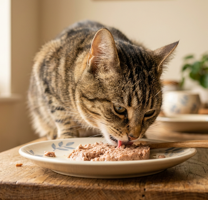 A wide, shallow ceramic cat bowl being used by a cat to prevent whisker fatigue during mealtime.