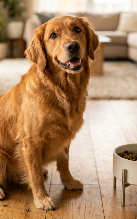 A Golden Retriever sitting patiently by a food bowl, representing healthy canine eating habits and anticipation.