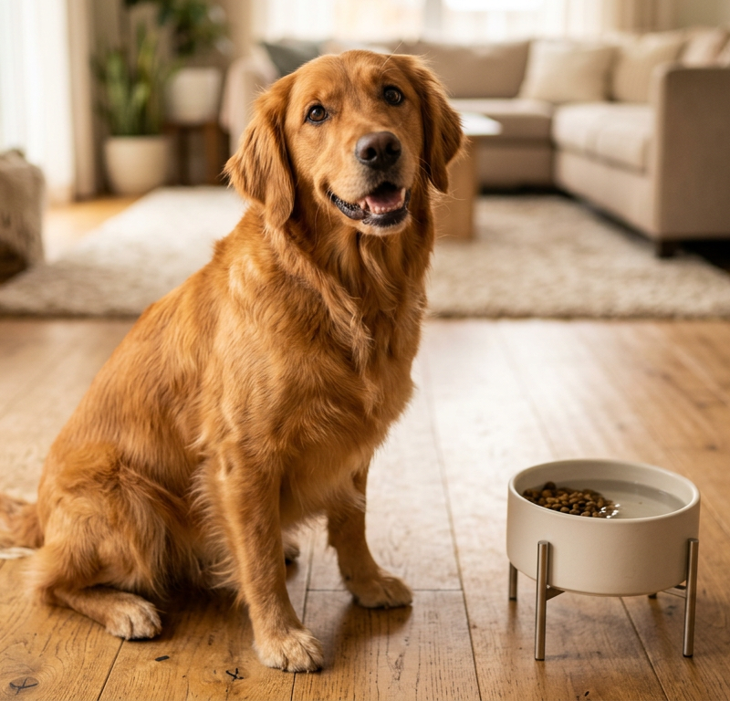 A Golden Retriever sitting patiently by a food bowl, representing healthy canine eating habits and anticipation.