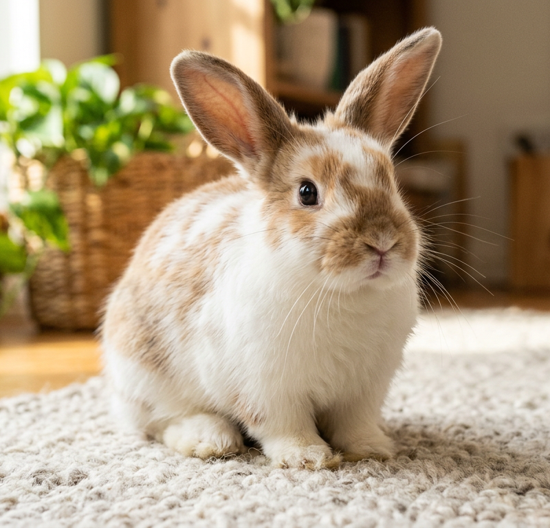 A Holland Lop rabbit with its ears forward and nose twitching in a sunlit living room.