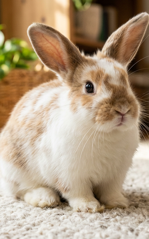 A Holland Lop rabbit with its ears forward and nose twitching in a sunlit living room.