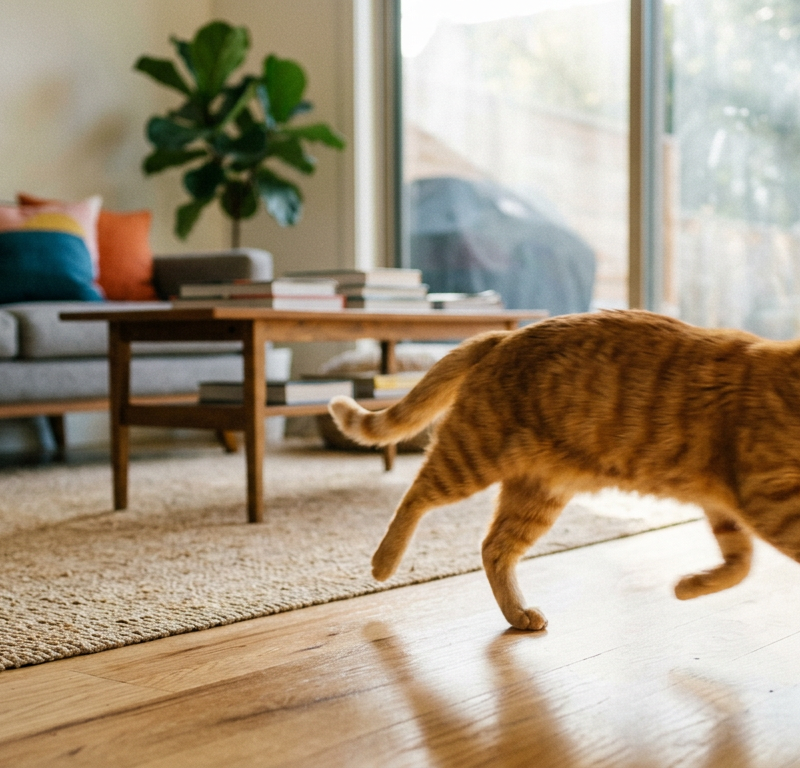 A ginger tabby cat mid-sprint across a wooden floor, looking energetic and playful.