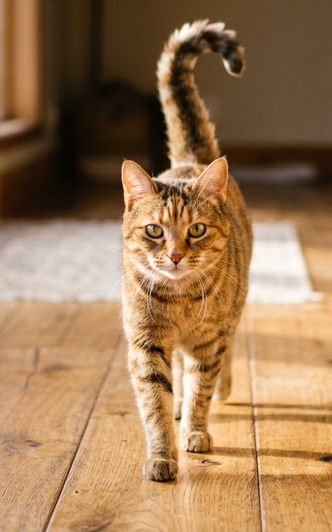 A domestic cat with its tail held high in a question mark shape, approaching its owner in a bright living room.