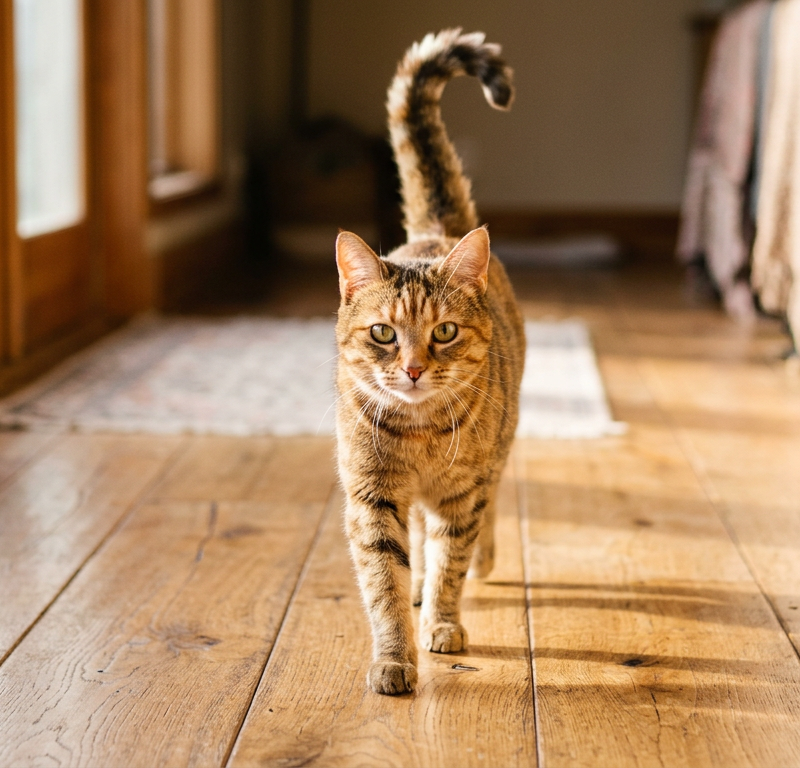 A domestic cat with its tail held high in a question mark shape, approaching its owner in a bright living room.