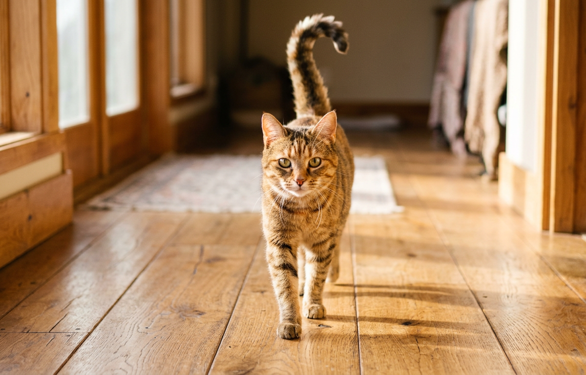 A domestic cat with its tail held high in a question mark shape, approaching its owner in a bright living room.