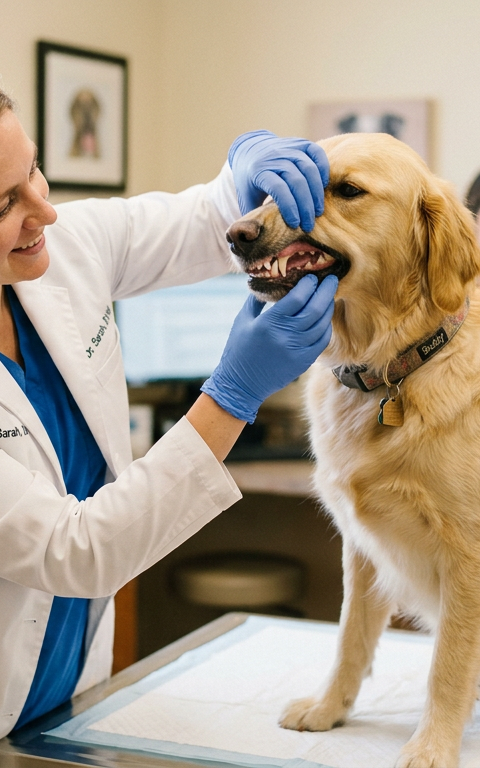 A veterinarian performing a gentle oral examination on a calm golden retriever in a clinic.