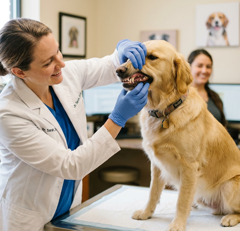 A veterinarian performing a gentle oral examination on a calm golden retriever in a clinic.