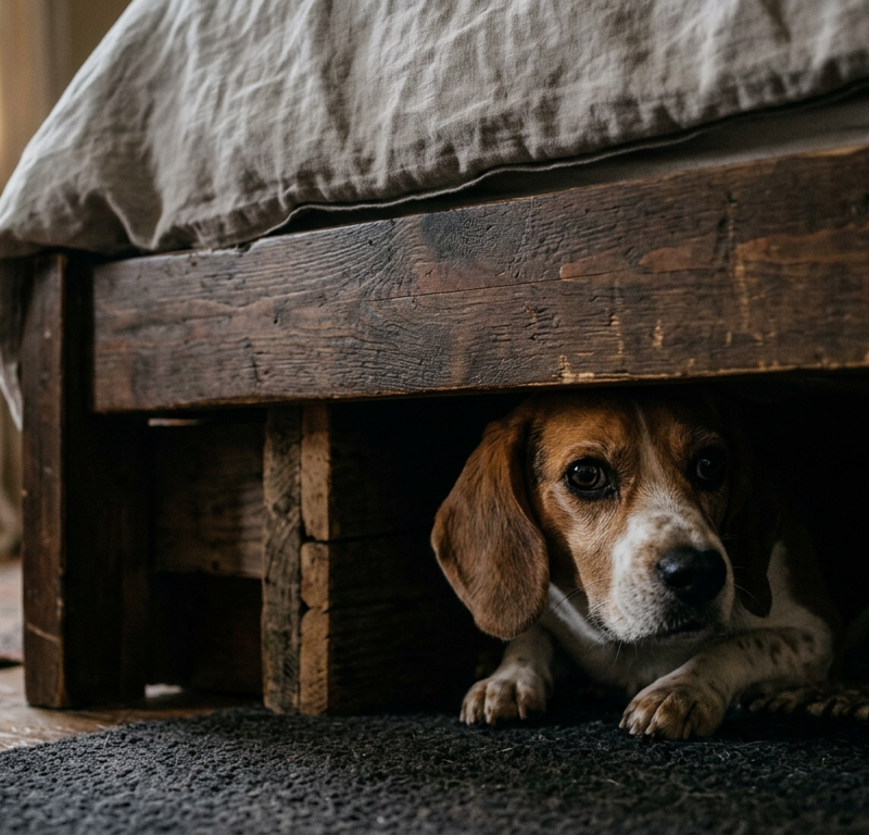 A shy Beagle dog peeking out from under a wooden bed frame in a dimly lit bedroom.